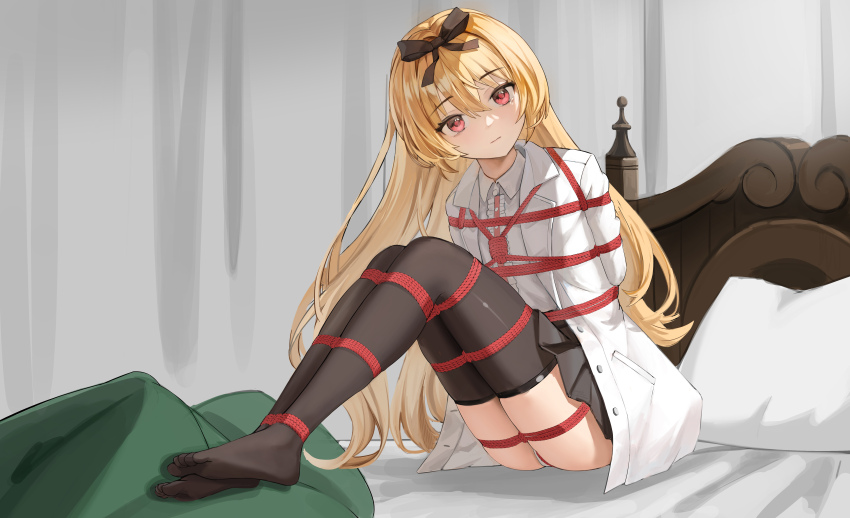 1girl, :|, absurdres, arifureta_shokugyou_de_sekai_saikyou, arms_behind_back, bdsm, black_bow, black_skirt