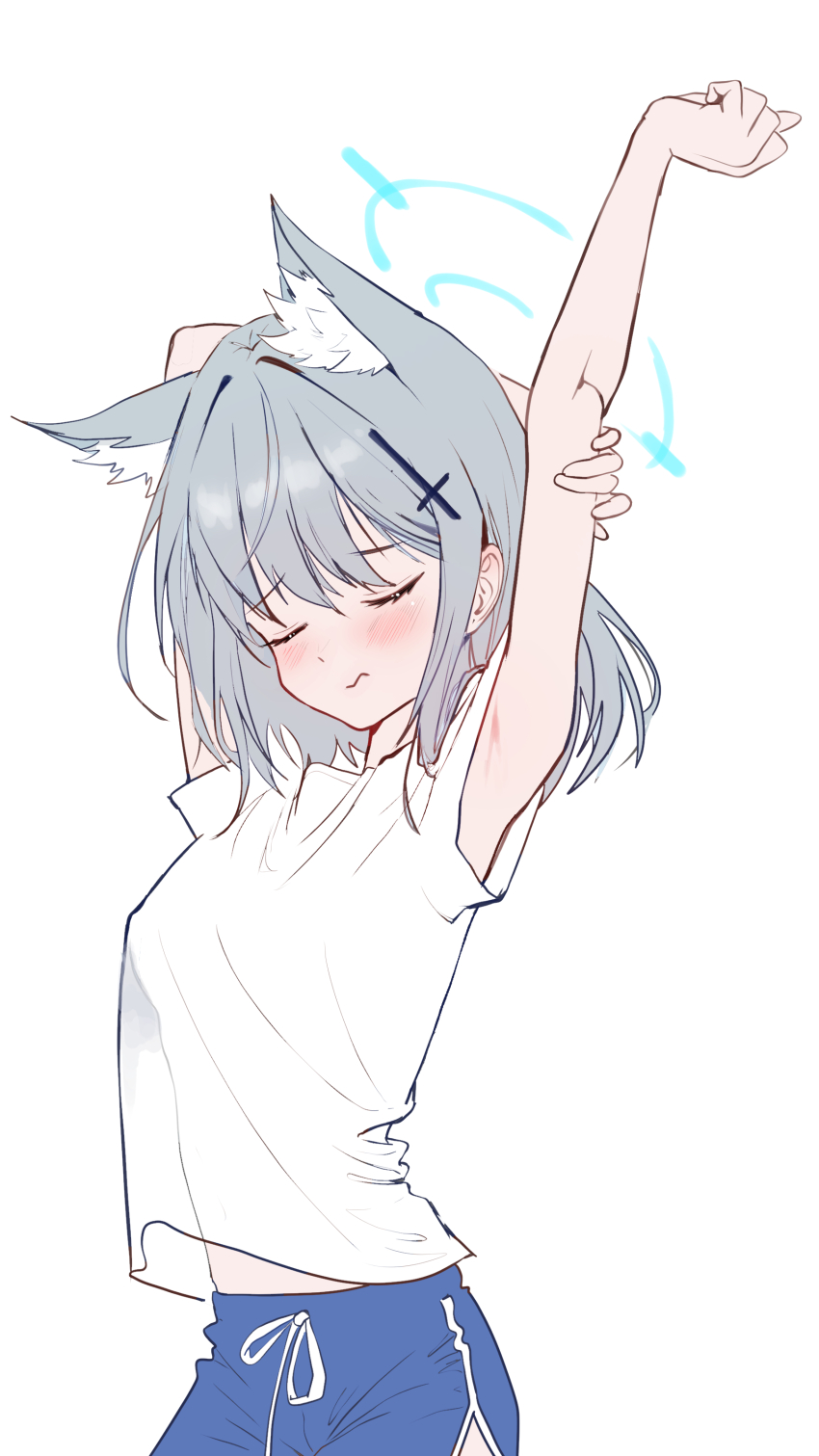 1girl, absurdres, animal_ear_fluff, animal_ears, arm_behind_head, arms_up, blue_archive, blue_halo