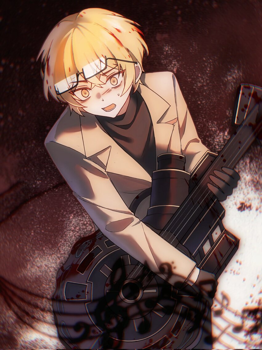 1boy, black_gloves, black_shirt, blonde_hair, blood_on_instrument, buhuaixiaoguai, crossed_bangs, dawn_office_(identity)_(project_moon)