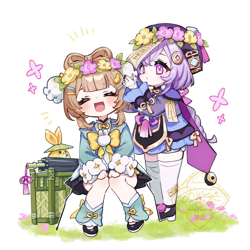 2girls, :d, ^_^, aqua_dress, aqua_leg_warmers, artist_name, backpack_basket, bandaged_arm