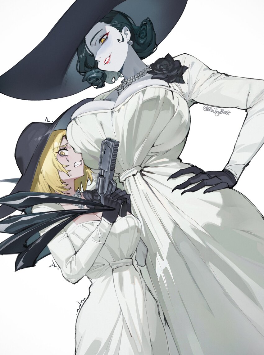 2girls, alcina_dimitrescu, alcina_dimitrescu_(cosplay), artist_name, black_gloves, black_hair, blonde_hair, breasts, claws, clenched_teeth, commentary, cosplay, dress, english_commentary, finger_on_trigger, gloves, grace_ashcroft, grin, gun, hand_on_own_hip, handgun, hat, height_difference, highres, holding, holding_gun, holding_weapon, large_breasts, looking_at_viewer, low_bore_axis_revolver, multiple_girls, pale_skin, red_lips, requiem_(gun), requiem_(resident_evil), resident_evil, resident_evil_requiem, resident_evil_village, revolver, rifle-caliber_handgun, rifle-caliber_revolver, rsh-12, sin_(sintrybest), smile, sun_hat, teeth, twitter_username, weapon, white_background, white_dress
