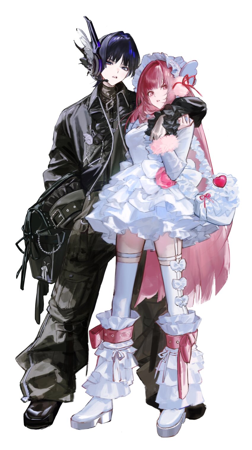 1boy, 1girl, absurdres, angel_wings, arm_around_shoulder, arm_at_side, bag, baggy_pants