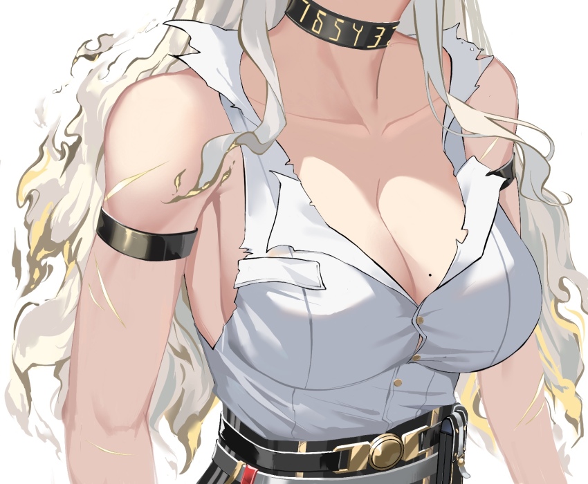 1girl, arm_strap, bare_shoulders, black_choker, breasts, choker, cleavage, collarbone, commentary, grey_hair, head_out_of_frame, highres, hua_shui_dengpao, long_hair, medium_breasts, mole, mole_on_breast, scar, shirt, shirt_tucked_in, simple_background, solo, torn_clothes, torn_shirt, white_background, white_shirt, wuthering_waves, zani_(wuthering_waves)