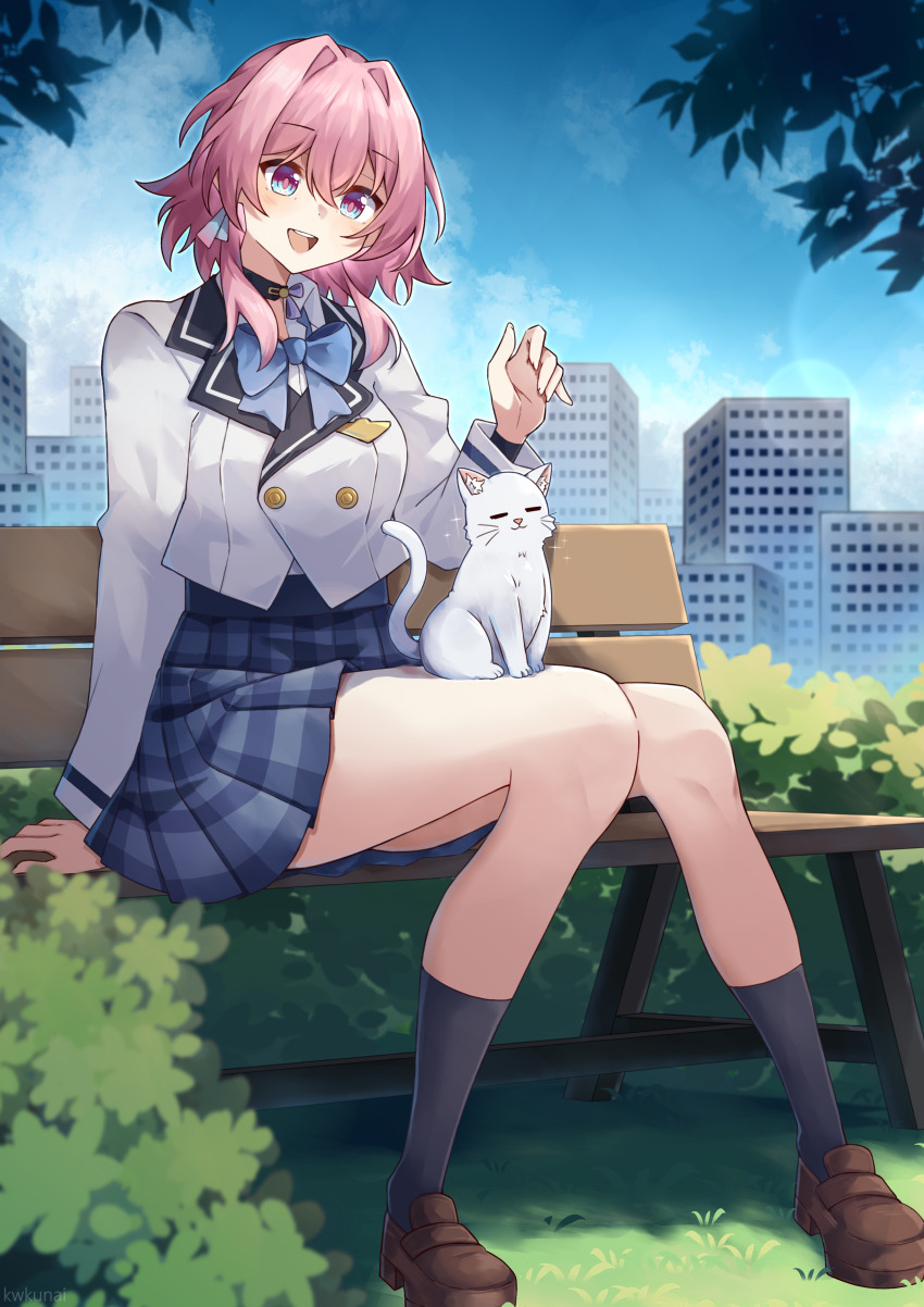 1girl, absurdres, animal, animal_on_lap, bench, black_socks, blazer, blue_bow