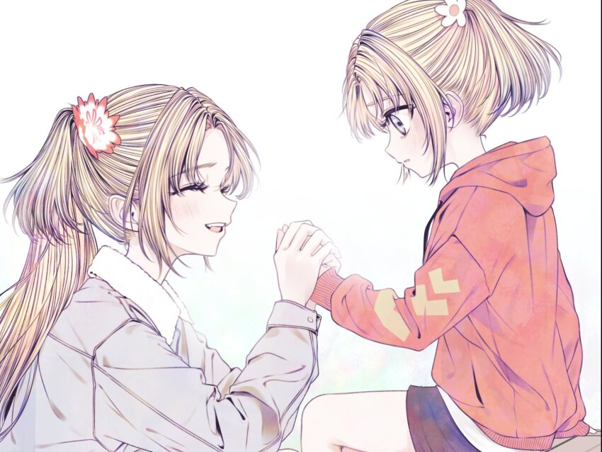 2girls, 596_(_gokuraku_joudo), :d, ^_^, aged_down, black_shorts, blonde_hair, blush