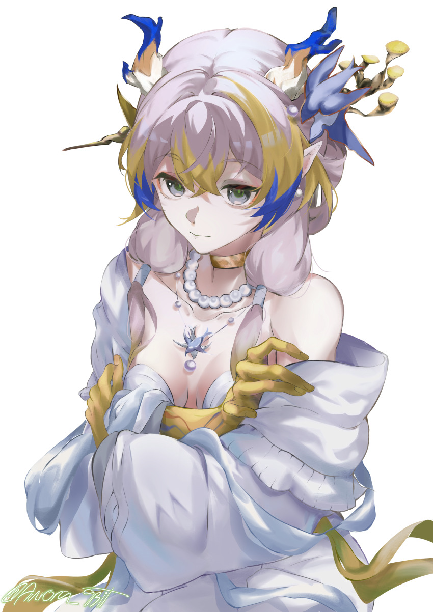 1girl, 9bit, absurdres, arknights, bare_shoulders, bead_necklace, beads, blonde_hair