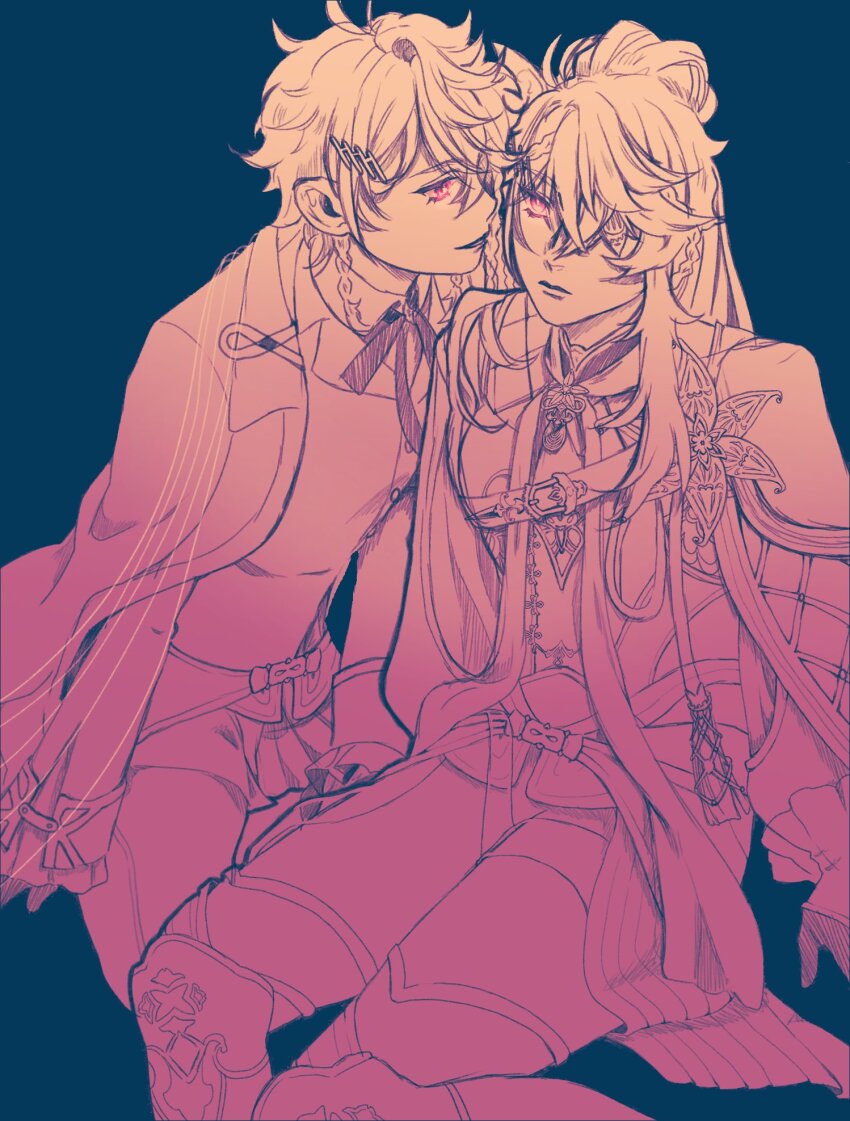 2boys, belt_buckle, blue_background, boots, braid, brooch, buckle, cape