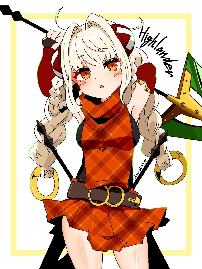 1girl, ahoge, armpits, bare_shoulders, braid, breasts, bridal_gauntlets, commentary_request