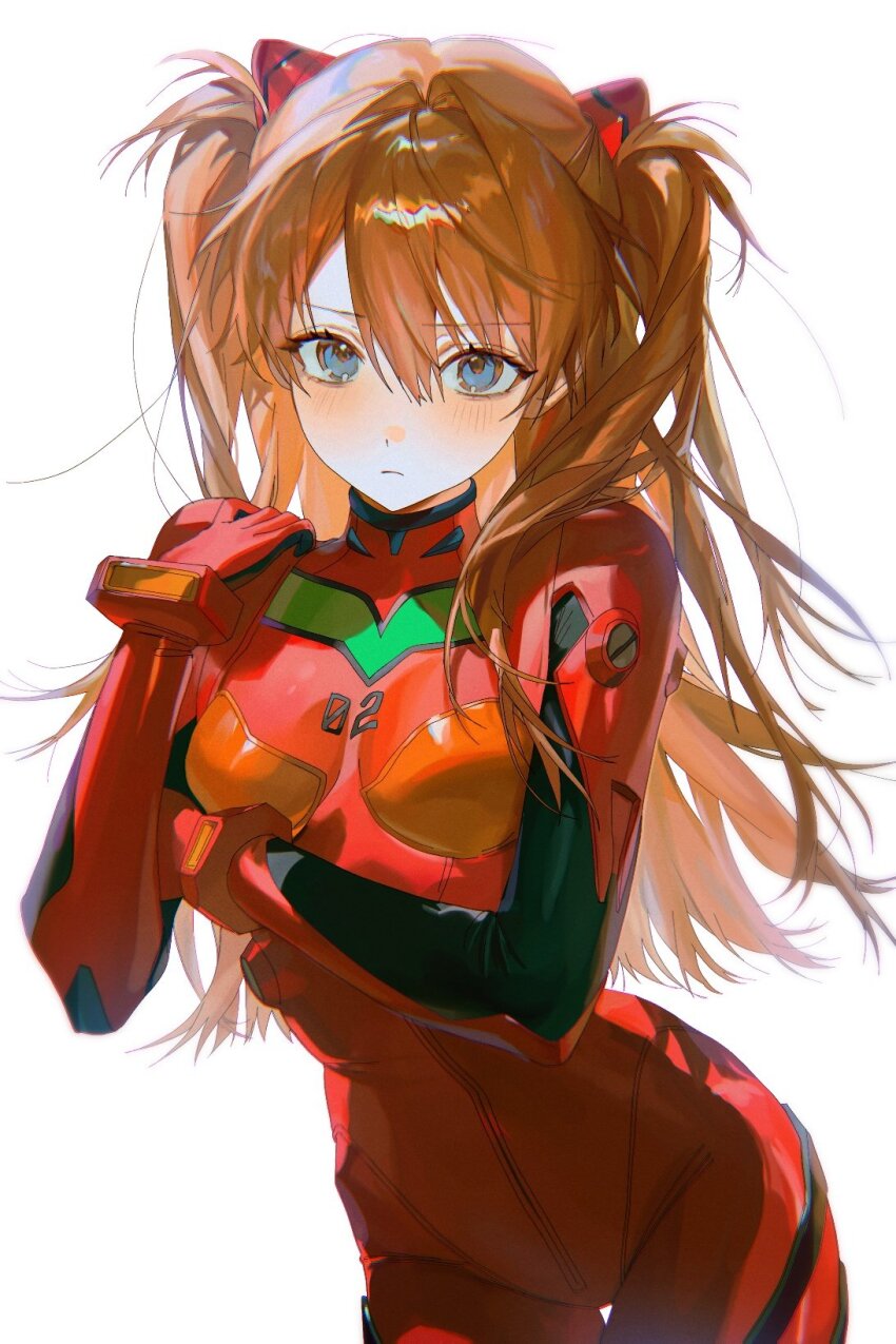 1girl, blue_eyes, blunt_bangs, blush, bodysuit, closed_mouth, curvy, hand_on_own_arm, hand_on_own_shoulder, hhuu1332, highres, interface_headset_(evangelion), long_hair, looking_at_viewer, mecha_pilot_suit, messy_hair, neon_genesis_evangelion, number_print, orange_hair, plugsuit_(evangelion), portrait, red_bodysuit, shade, shiny_clothes, shy, solo, solo_focus, souryuu_asuka_langley, twintails, white_background, wide_hips