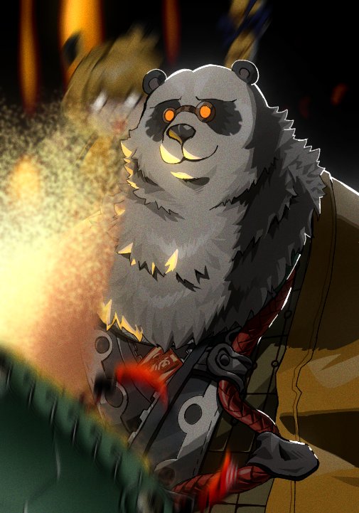 1boy, 1girl, animal_ears, black-fur, blonde_hair, chinese_clothes, cooking, food, fried_rice, hashtag-only_commentary, ju_fufu, mochamuzzle, multicolored_fur, pan_yinhu, panda_boy, panda_ears, round_eyewear, shirt, smile, tail, tiger_ears, tiger_stripes, tiger_tail, white_fur, wok, yellow_shirt, zenless_zone_zero