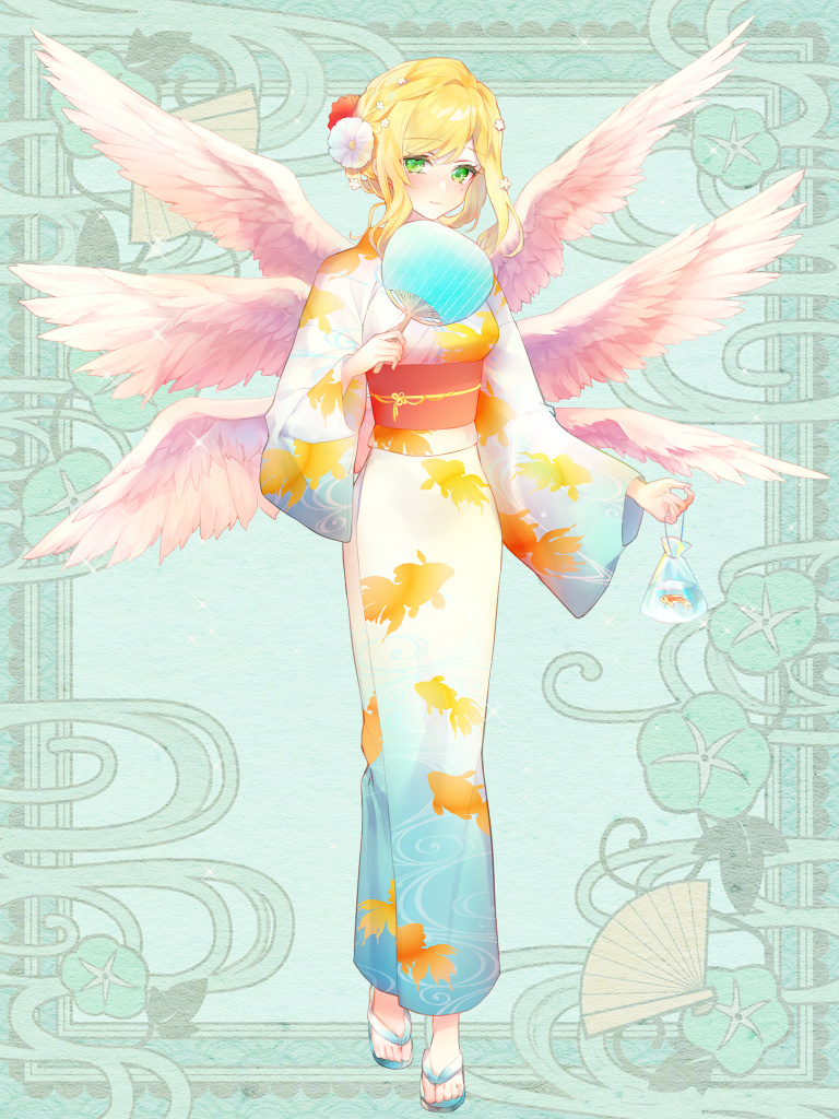 1girl, animal_print, bag, bagged_fish, blonde_hair, breasts, ciel_levisto, feathered_wings, fish, fish_print, flower, goldfish_print, green_background, green_eyes, hair_flower, hair_ornament, hair_up, hand_fan, japanese_clothes, kerberos_blade, kimono, medium_hair, multiple_wings, print_kimono, sandals, small_breasts, solo, white_wings, wings, yukata