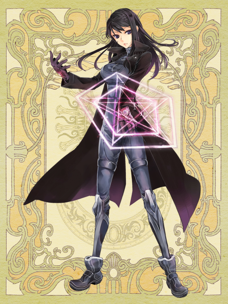 1girl, black_coat, black_eyes, black_gloves, black_hair, bodysuit, breasts, coat