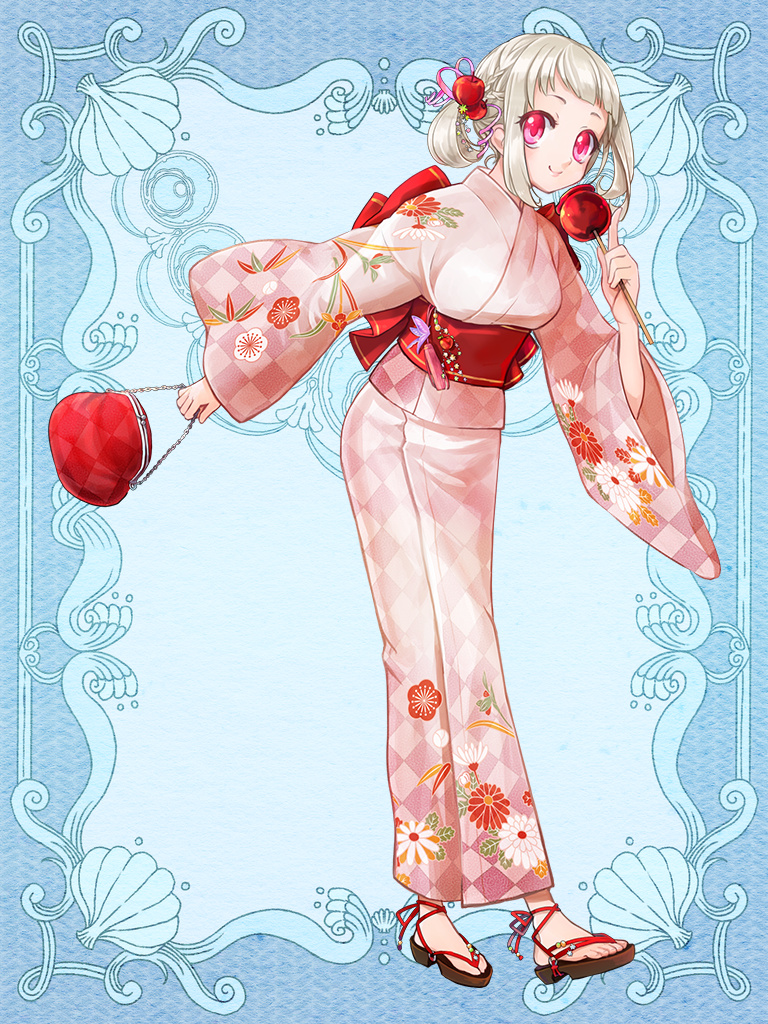 1girl, apple_hair_ornament, bag, blue_background, candy_apple, food, food-themed_hair_ornament, hair_ornament, handbag, holding, holding_candy_apple, holding_food, japanese_clothes, kimono, mizuki_itose, obi, pink_eyes, pink_kimono, psychic_hearts, sandals, sash, short_hair, short_twintails, smile, solo, twintails, white_hair
