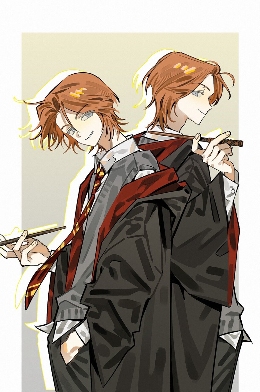 2boys, animification, back-to-back, black_pants, black_robe, blue_eyes, border, brothers