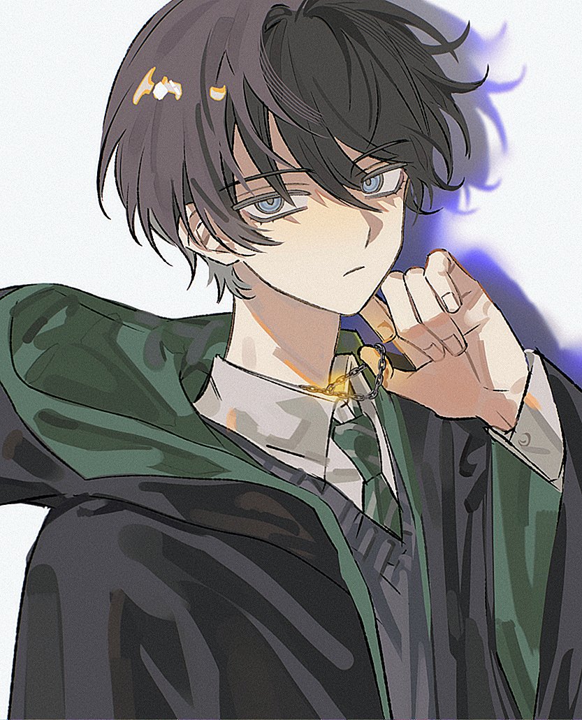 1boy, animification, black_hair, black_robe, blue_eyes, chain, chain_necklace, closed_mouth