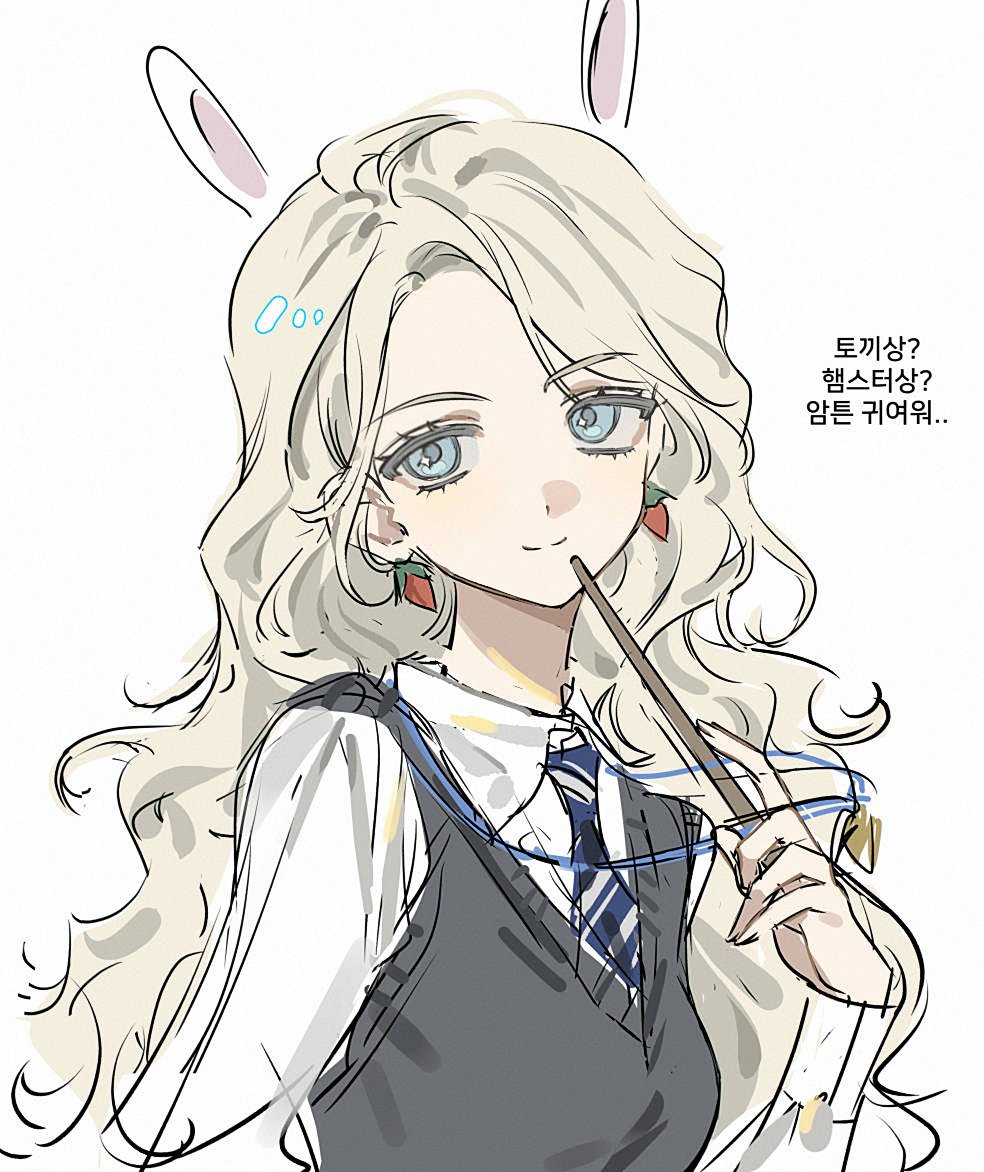 1girl, animal_ears, animification, blonde_hair, blue_eyes, blue_necktie, breasts, closed_mouth, collared_shirt, commentary_request, curly_hair, diagonal-striped_clothes, diagonal-striped_necktie, dress_shirt, earrings, grey_sweater_vest, harry_potter_(series), head_tilt, hogwarts_school_uniform, holding, holding_wand, jewelry, kogo58, korean_commentary, korean_text, light_blush, long_hair, long_sleeves, looking_at_viewer, luna_lovegood, necklace, necktie, parted_hair, rabbit_ears, ravenclaw, school_uniform, shirt, simple_background, sketch, small_breasts, smile, solo, striped_clothes, sweater_vest, tareme, translation_request, upper_body, wand, white_background, white_shirt, wing_collar, wizarding_world
