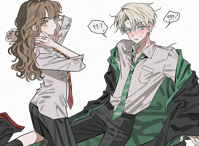 1boy, 1girl, ?, animification, ankle_socks, arms_up, assertive_female, belt, black_belt, black_pants, black_robe, black_skirt, black_socks, blonde_hair, blue_eyes, blunt_bangs, blush, breasts, brown_hair, caught, collared_shirt, commentary_request, curly_hair, diagonal-striped_clothes, diagonal-striped_necktie, draco_malfoy, dress_shirt, embarrassed, green_necktie, green_robe, gryffindor, hair_tie_in_mouth, harry_potter_(series), hermione_granger, hetero, hogwarts_school_uniform, kneeling, kogo58, korean_commentary, long_sleeves, looking_at_viewer, looking_to_the_side, medium_skirt, mouth_hold, neck_blush, necktie, open_belt, open_collar, open_fly, pants, parted_bangs, pleated_skirt, red_necktie, robe, robe_partially_removed, school_uniform, sexually_suggestive, shirt, shirt_tucked_in, short_hair, side_part, simple_background, sitting, skirt, slytherin, small_breasts, socks, spoken_question_mark, spoken_sweatdrop, striped_clothes, sweat, sweatdrop, three-quarter_sleeves, two-sided_fabric, two-sided_robe, two-tone_robe, untucked_shirt, white_background, white_shirt, wing_collar, wizarding_world, yellow_eyes