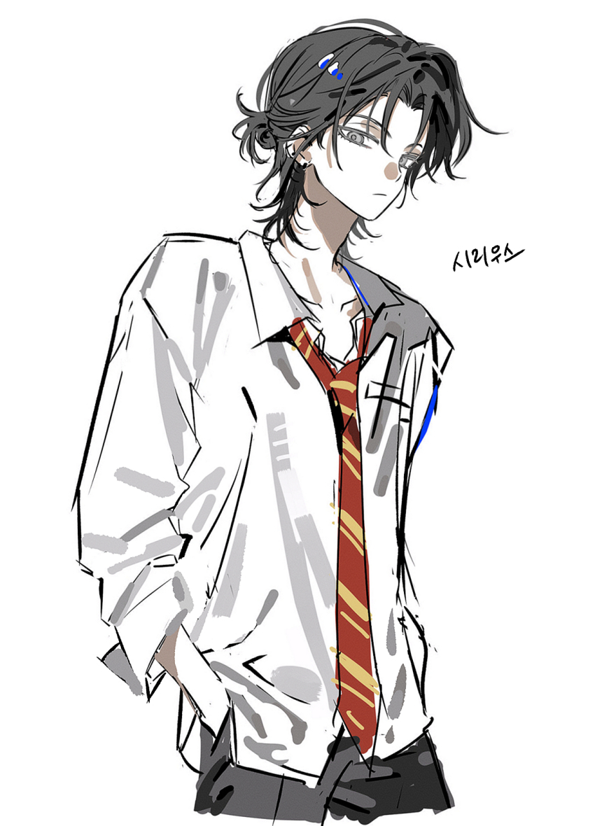 1boy, :/, aged_down, animification, black_hair, black_pants, collarbone, commentary_request