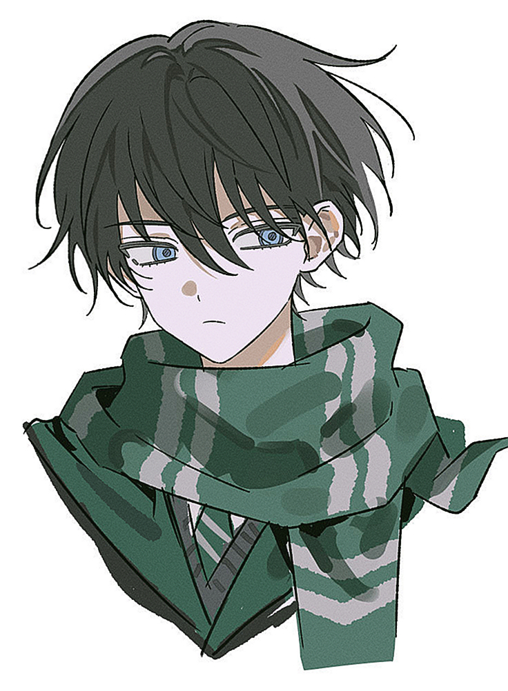 1boy, animification, black_hair, black_robe, blue_eyes, closed_mouth, commentary_request, cropped_shoulders