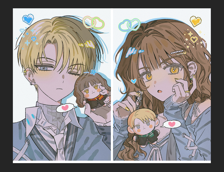 1boy, 1girl, alternate_costume, animification, bare_shoulders, black_border, blonde_hair, blue_eyes