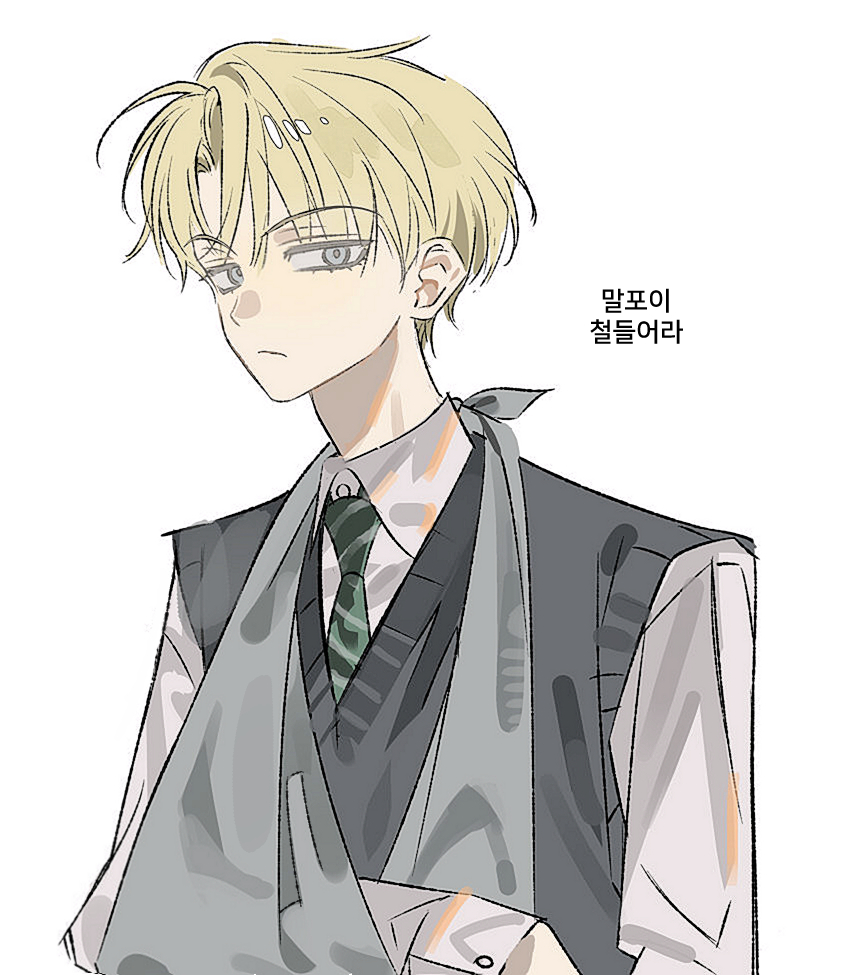 1boy, :/, animification, arm_sling, black_sweater_vest, blonde_hair, blue_eyes, closed_mouth