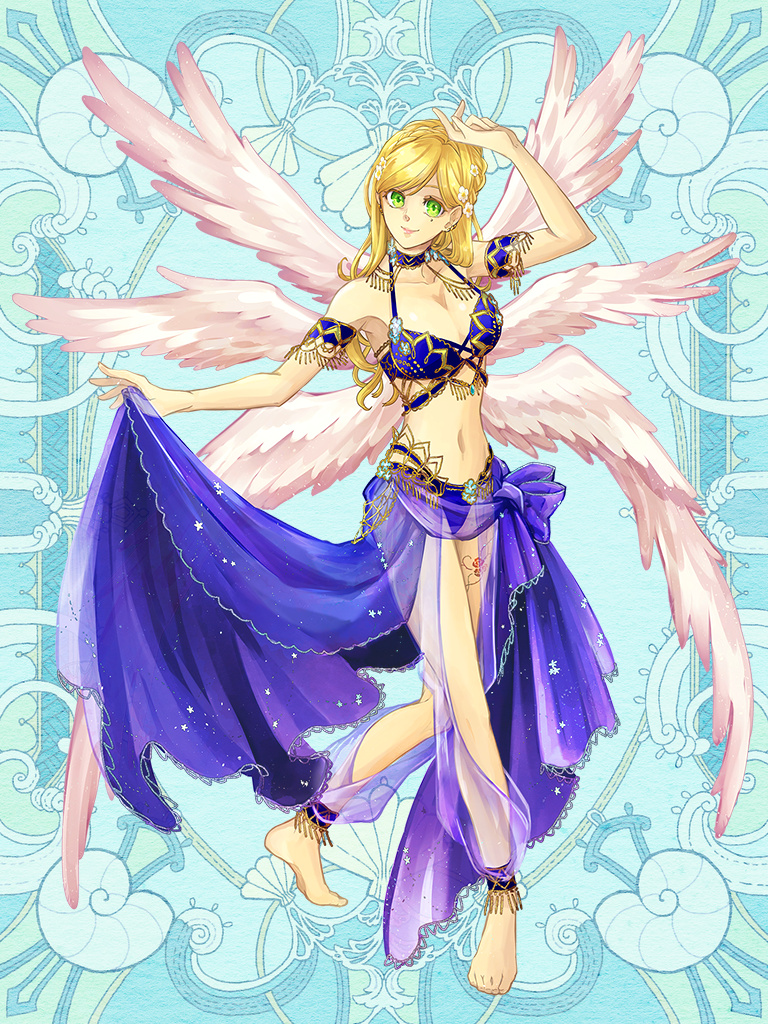 1girl, arm_up, armlet, barefoot, blonde_hair, breasts, ciel_levisto, flower, full_body, green_eyes, hair_flower, hair_ornament, jewelry, kerberos_blade, medium_hair, midriff, mizuki_itose, mole, mole_under_eye, multiple_wings, navel, small_breasts, smile, solo, standing, wings