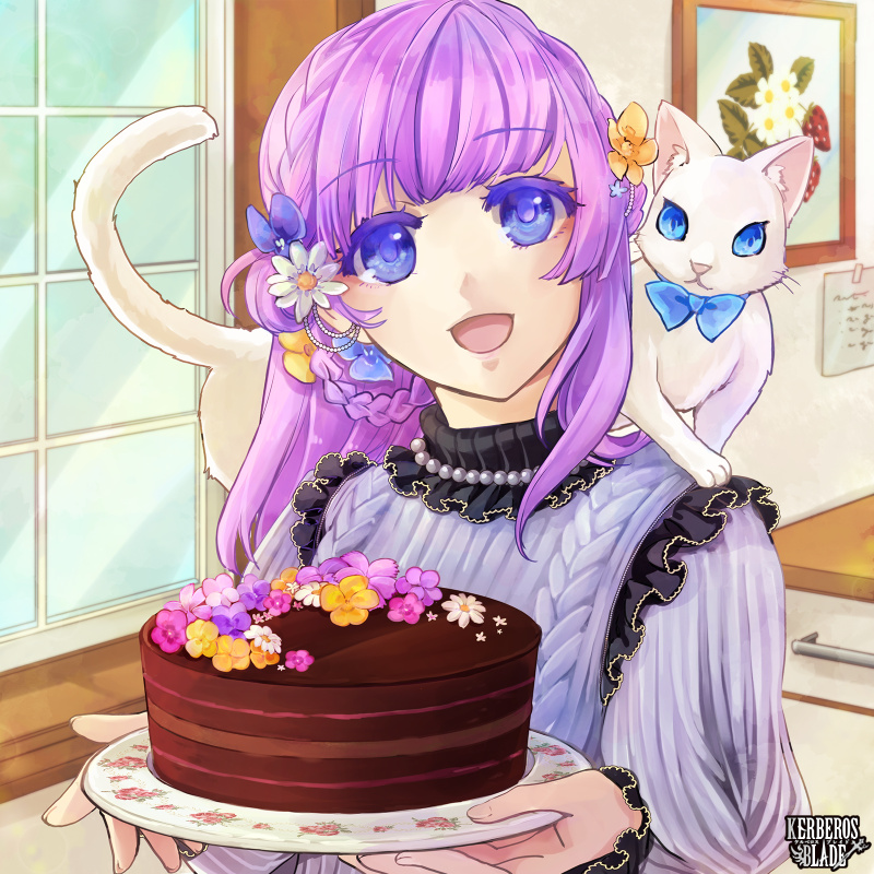 1girl, :d, animal, animal_on_shoulder, blue_bow, blue_eyes, bow, braid