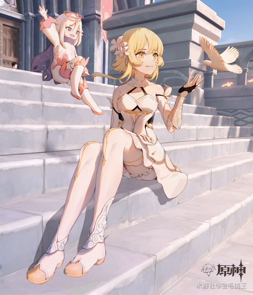 2girls, :d, bird, black_eyes, blonde_hair, blue_sky, chinese_commentary, commentary_request