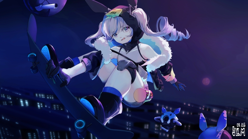 1girl, black_gloves, black_jacket, black_shorts, blue_socks, bronya_zaychik, bronya_zaychik_(haxxor_bunny), chinese_commentary