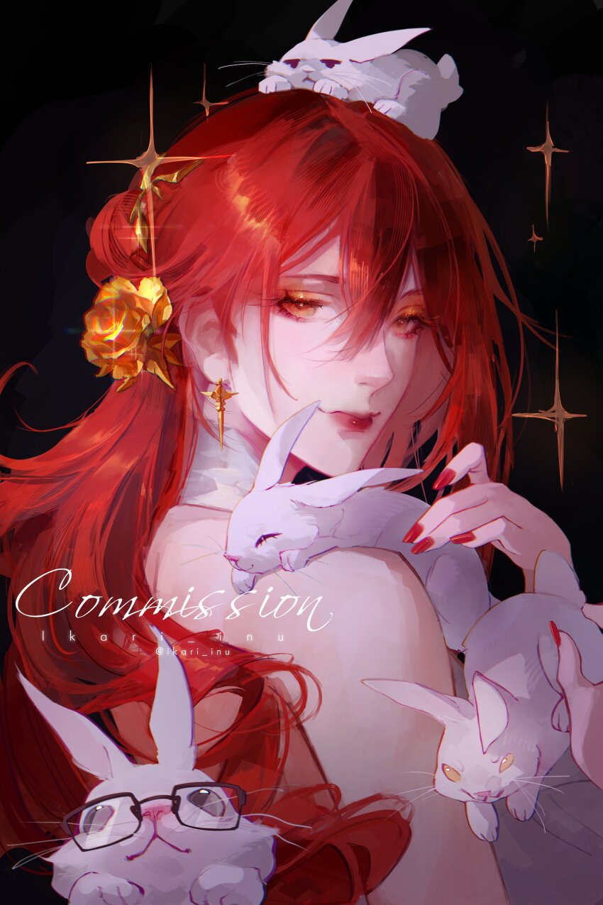 1girl, absurdres, animal, animal_on_head, bare_shoulders, black_background, earrings, english_text