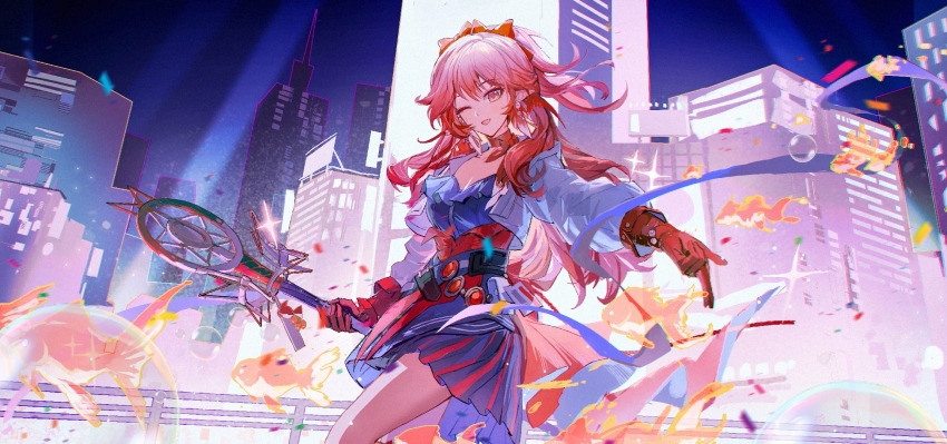 1girl, arknights, artist_collaboration, artist_request, blue_dress, blue_jacket, building, chinese_commentary