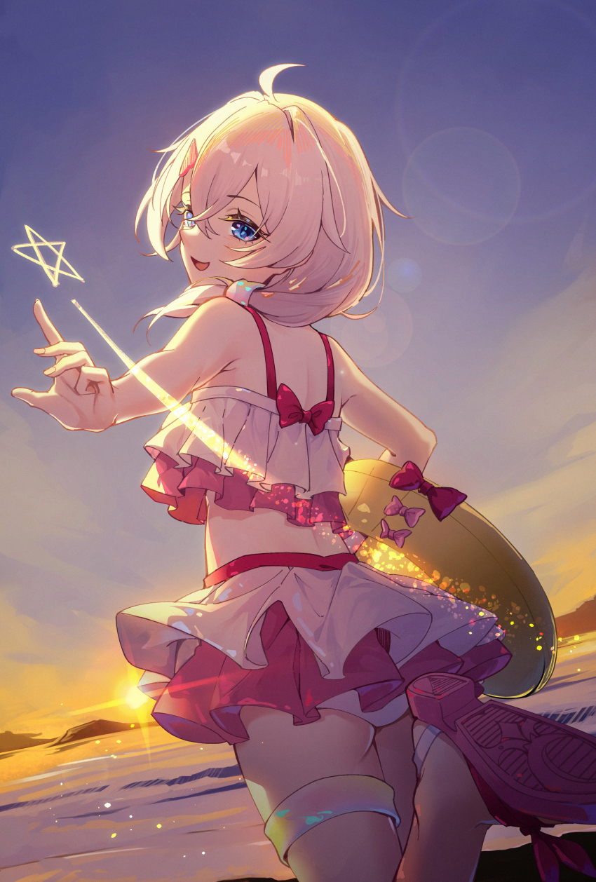 1girl, :d, absurdres, ahoge, back, beach, bikini, blue_eyes