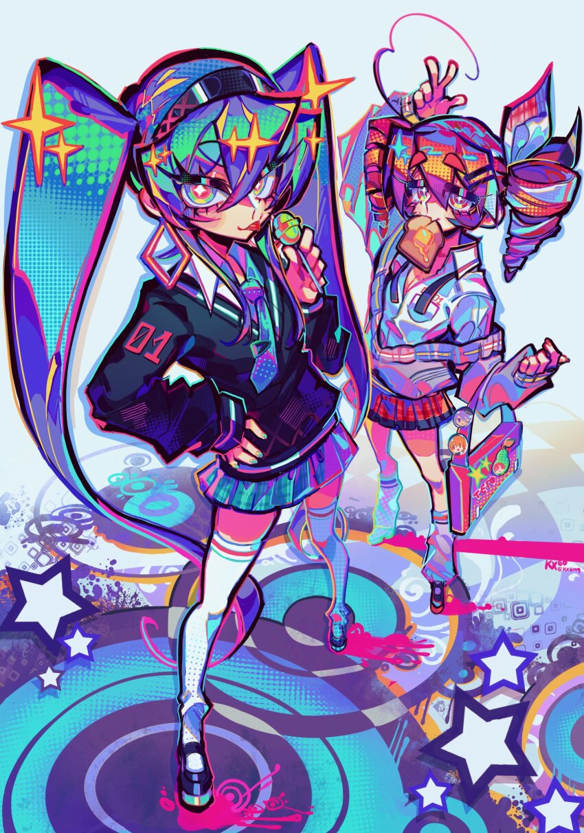 2girls, absurdres, adachi_rei, aqua_hair, aqua_necktie, aqua_skirt, bag, black_cardigan