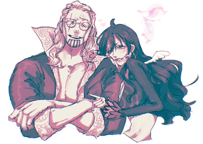 1boy, 1girl, beard, chabashira_chan, cigarette, commentary_request, crossed_arms, earrings