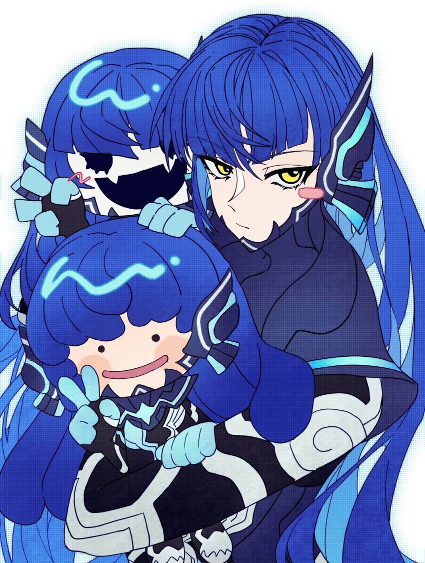 1boy, blue_hair, demon_(megami_tensei), ditto, gen_1_pokemon, highres, holding, long_hair, looking_at_viewer, nahobeeho, nintendo, pokemon, pokemon_pokopia, protagonist_(aogami_nahobino)_(smtv), protagonist_(smtv), salute, shin_megami_tensei, shin_megami_tensei_v, shin_megami_tensei_v:_vengeance, smile, transformed_ditto, two-finger_salute, v, very_long_hair, white_yinghai, yellow_eyes