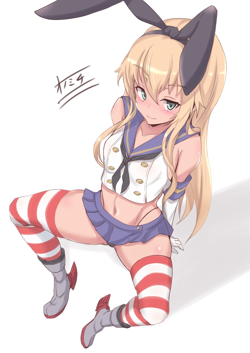 1girl, alternate_breast_size_(larger), artist_logo, black_hairband, black_neckerchief, black_panties, blonde_hair, blue_sailor_collar