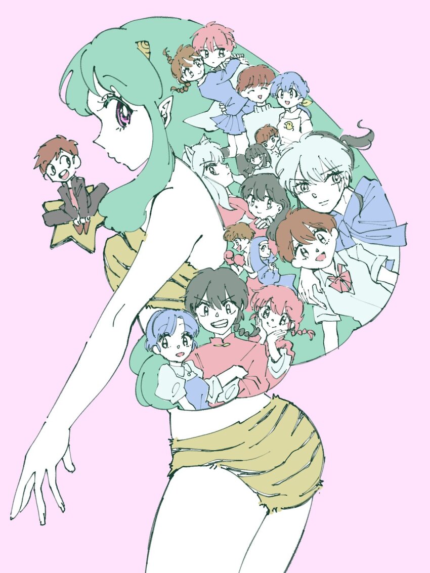 1_pound_no_fukuin, 6+boys, 6+girls, animal_print, bikini, black_hair, blue_hair, braid