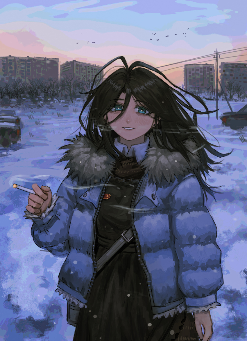 1girl, absurdres, apartment, apron, aqua_eyes, azhisama, bird, black_apron