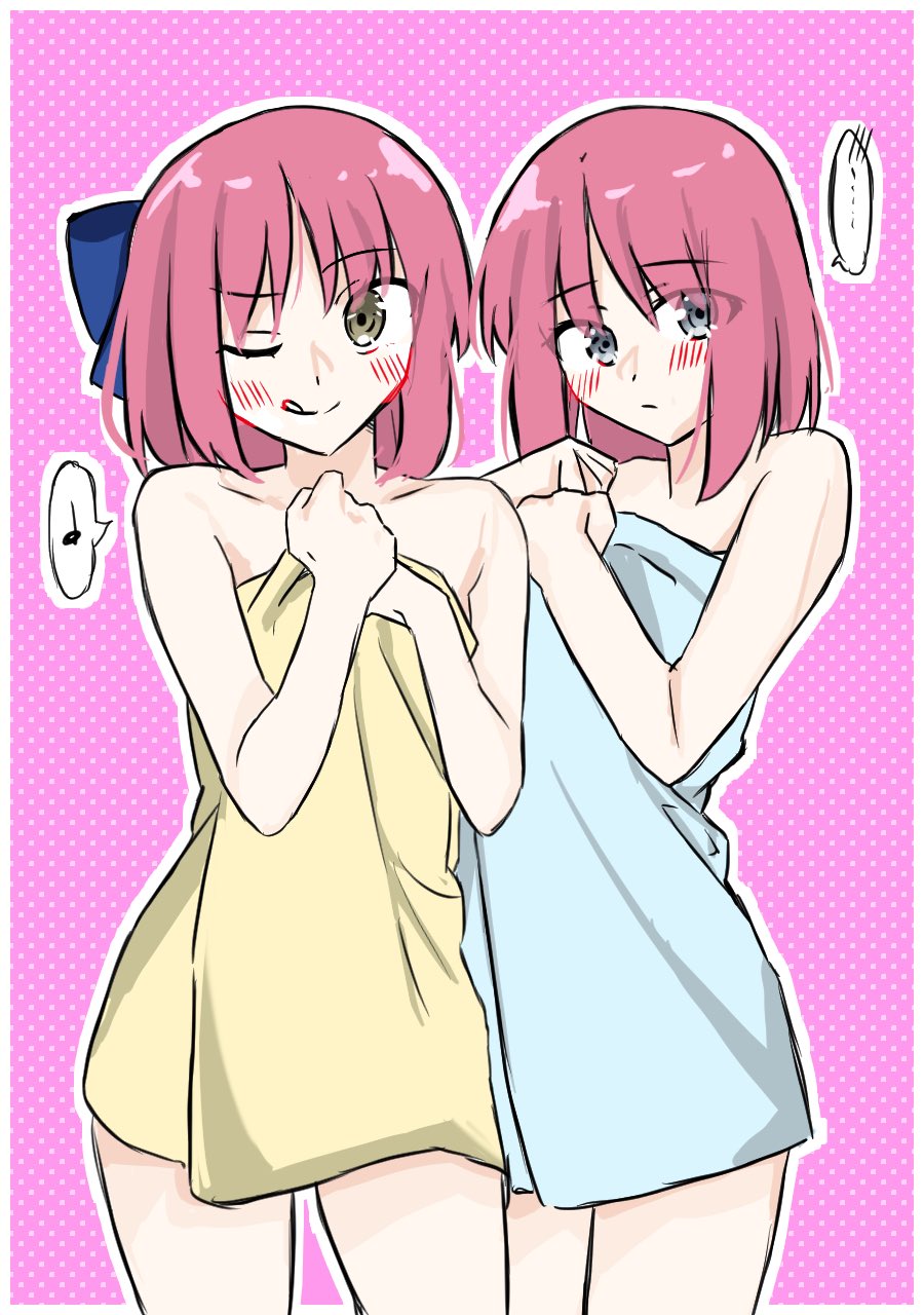 02surume, 2girls, :p, blue_eyes, blush, bow, hair_bow, highres, hisui_(tsukihime), kohaku_(tsukihime), multiple_girls, naked_towel, one_eye_closed, red_hair, short_hair, siblings, simple_background, sisters, smile, tongue, tongue_out, towel, tsukihime, yellow_eyes