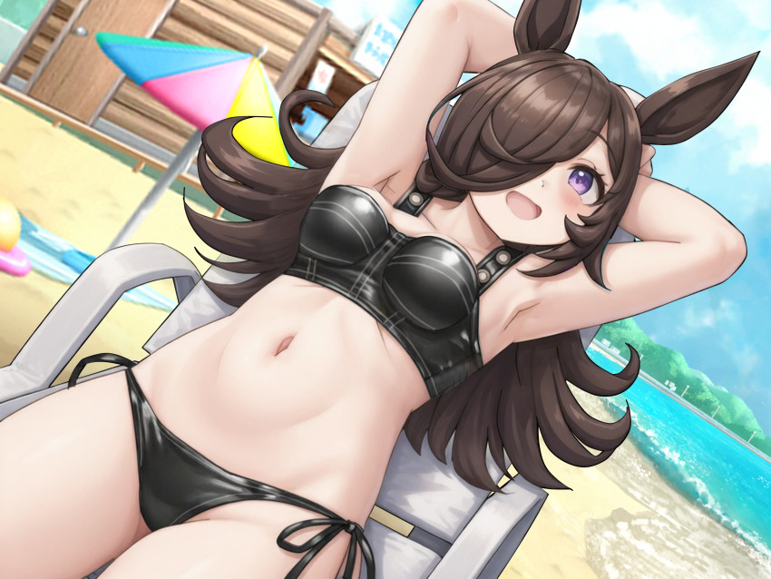 1girl, absurdres, animal_ears, arms_behind_back, beach, beach_umbrella, bikini, black_bikini