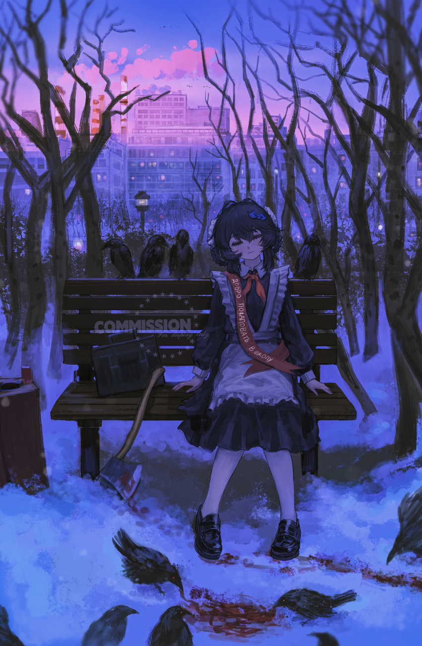 1girl, absurdres, apron, axe, azhisama, bare_tree, bench, bird, black_dress, blood, braid, braided_hair_rings, closed_eyes, commission, crow, dress, full_body, gradient_sky, hair_rings, highres, original, outdoors, pantyhose, pink_sky, russian_text, school_uniform, side_braids, sitting, sky, snow, solo, soviet_school_uniform, suitcase, sunset, translation_request, tree, watermark, white_apron, white_pantyhose, wide_shot