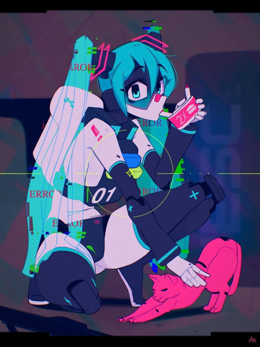 1girl, aqua_eyes, aqua_hair, black_sleeves, cat, detached_sleeves, error_message, full_body