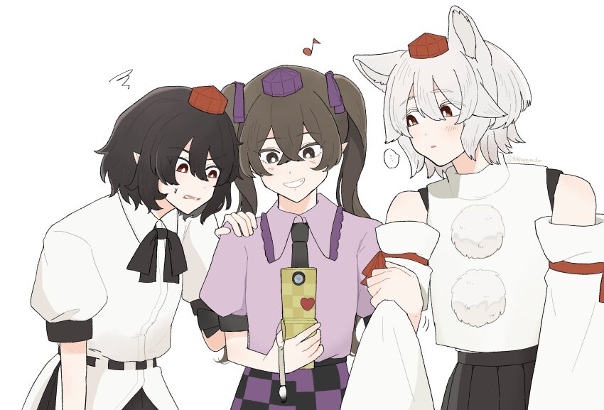 3girls, animal_ears, black_necktie, black_skirt, cellphone, cellphone_charm, charm_(object), checkered_clothes