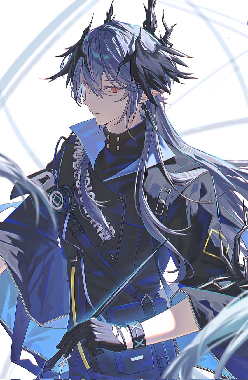 1boy, arknights, black_gloves, black_jacket, bracelet, commentary, corrupted_twitter_file, earrings