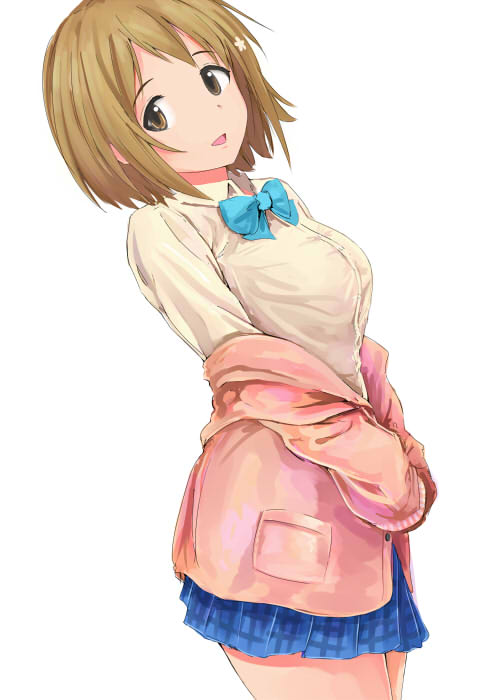10s, 1girl, blazer, brown_eyes, brown_hair, female_focus, hair_ornament, hairclip, idolmaster, idolmaster_cinderella_girls, issei, jacket, jacket_down, mimura_kanako, off_shoulder, open_mouth, school_uniform, skirt, smile, solo