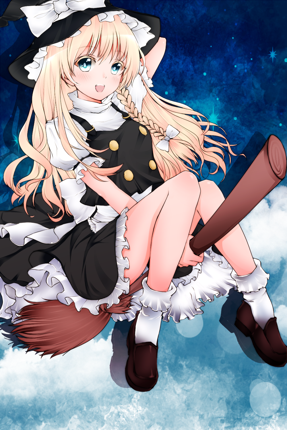 1girl, aoi_(husiginokuninoa), aoi_@_pen_tabu_naot_ta, bad_id, bad_pixiv_id, blonde_hair, blue_eyes, bow, braid, broom, broom_riding, colorized, female_focus, hat, highres, kirisame_marisa, shoes, sky, smile, solo, touhou, witch, witch_hat