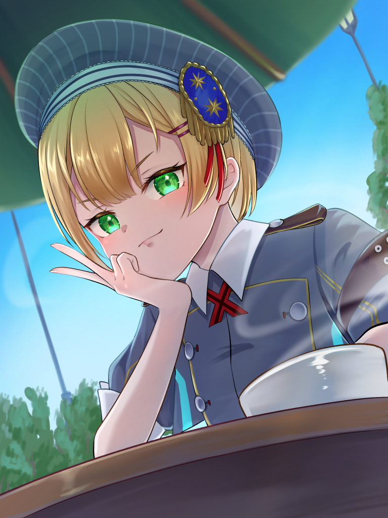 1girl, brown_hair, chiyo_minase, commentary_request, hair_ornament, hairpin, hand_on_own_cheek, hand_on_own_face