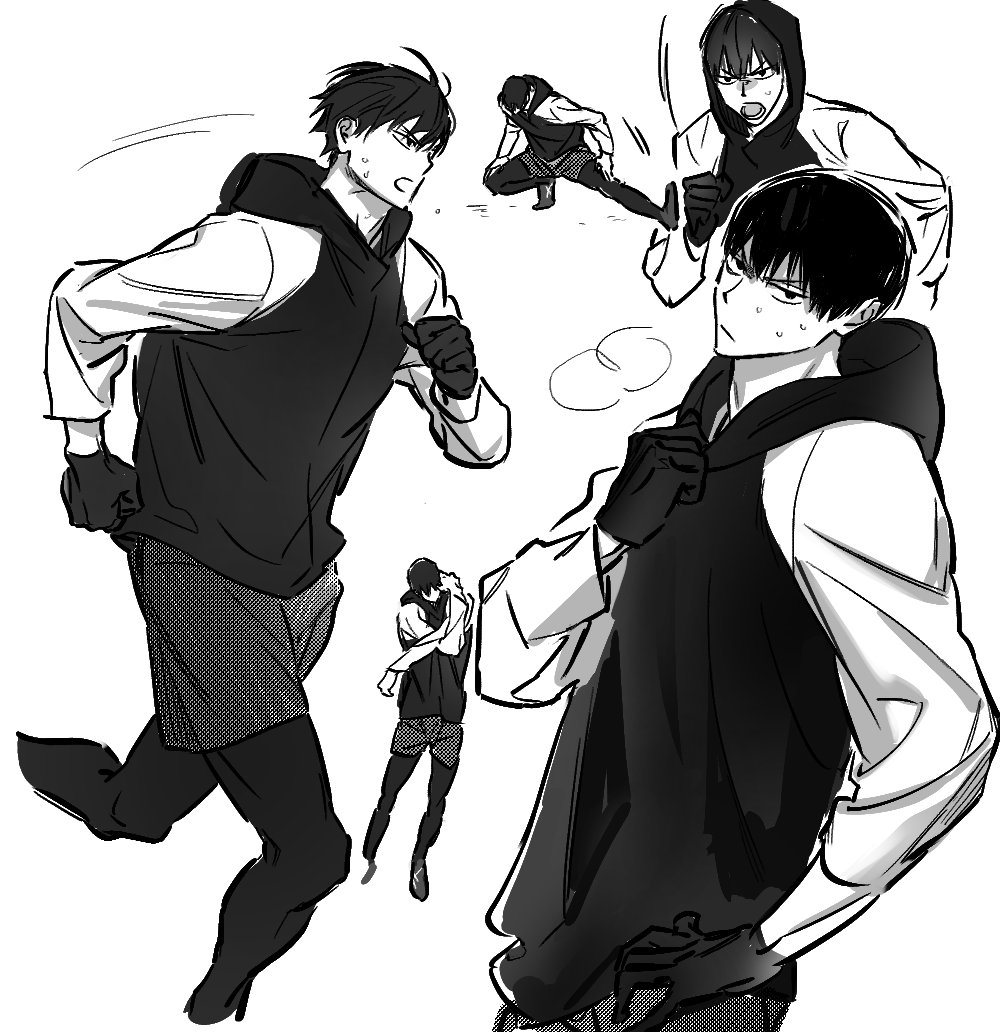 1boy, commentary_request, compression_leggings, gloves, greyscale, haikyuu!!, hood, hood_down