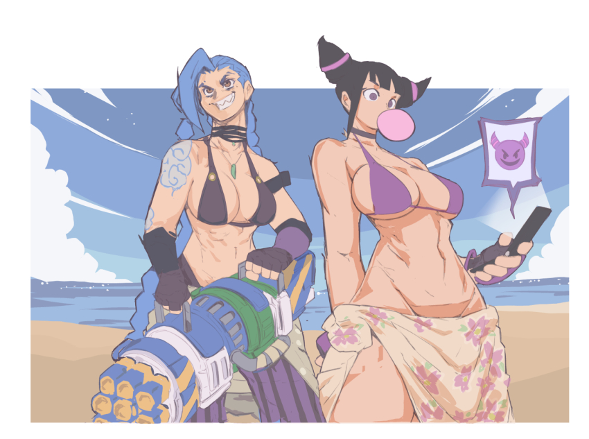 2girls, abs, arcane:_league_of_legends, arcane_jinx, arm_tattoo, asymmetrical_bangs, beach, bikini, blowing_bubble_gum, blue_hair, border, braid, breasts, brown_choker, cellphone, chewing_gum, choker, cleavage, cloud_tattoo, collarbone, commentary, emoji, english_commentary, fingerless_gloves, flower_skirt, gatling_gun, gloves, hair_horns, han_juri, hextech_gemstone, holding, holding_phone, holding_weapon, jinx_(league_of_legends), league_of_legends, looking_ahead, looking_at_object, michel_teru, minigun, multiple_girls, outdoors, pants, phone, speech_bubble, street_fighter, striped_clothes, striped_pants, swimsuit, tattoo, twin_braids, upper_body, weapon, white_border, wide-eyed