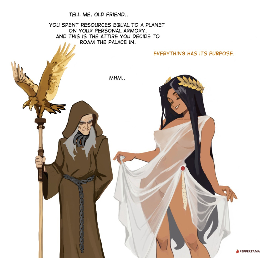 1boy, 1girl, aquila_(symbol), black_hair, breasts, brown_robe, collarbone, commentary, dress, eagle_head_(ornament), emperor_of_mankind, english_commentary, grey_hair, hair_ornament, highres, holding, holding_staff, imperial_aquila, imperium_of_man, laurel_crown, laurels, long_hair, malcador_the_sigillite, navel, nipples, old, old_man, ornate, peppertama, purity_seal, pussy, robe, see-through_cleavage, see-through_clothes, see-through_dress, see-through_veil, smile, staff, the_dark_king, thighs, veil, warhammer_40k, white_veil, wrinkled_forehead